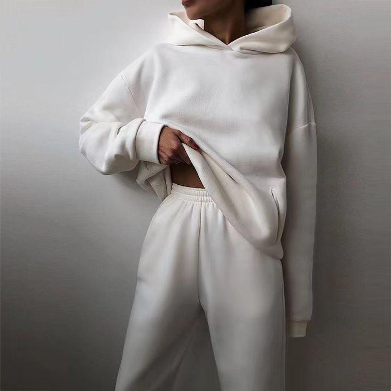 

Fashion Casual Two-Piece Set European and American Autumn and Winter New Casual Hooded Sweatshirt Two-piece Set White XXXL