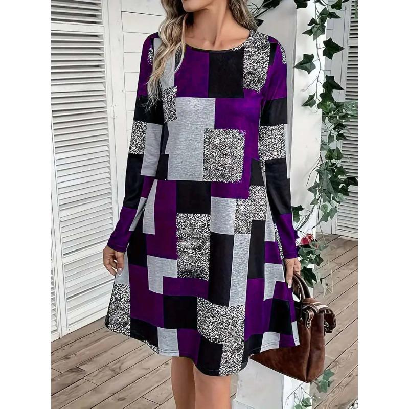 Color Block Geometric Pattern Print Long Sleeve Women's Dresses