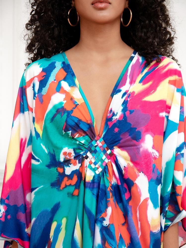 EDOLYNSA Green Printed Bohemian Long Dress Women Robe Kaftan House robe Outfit Plus size Lounge wear Beach dress Q1289