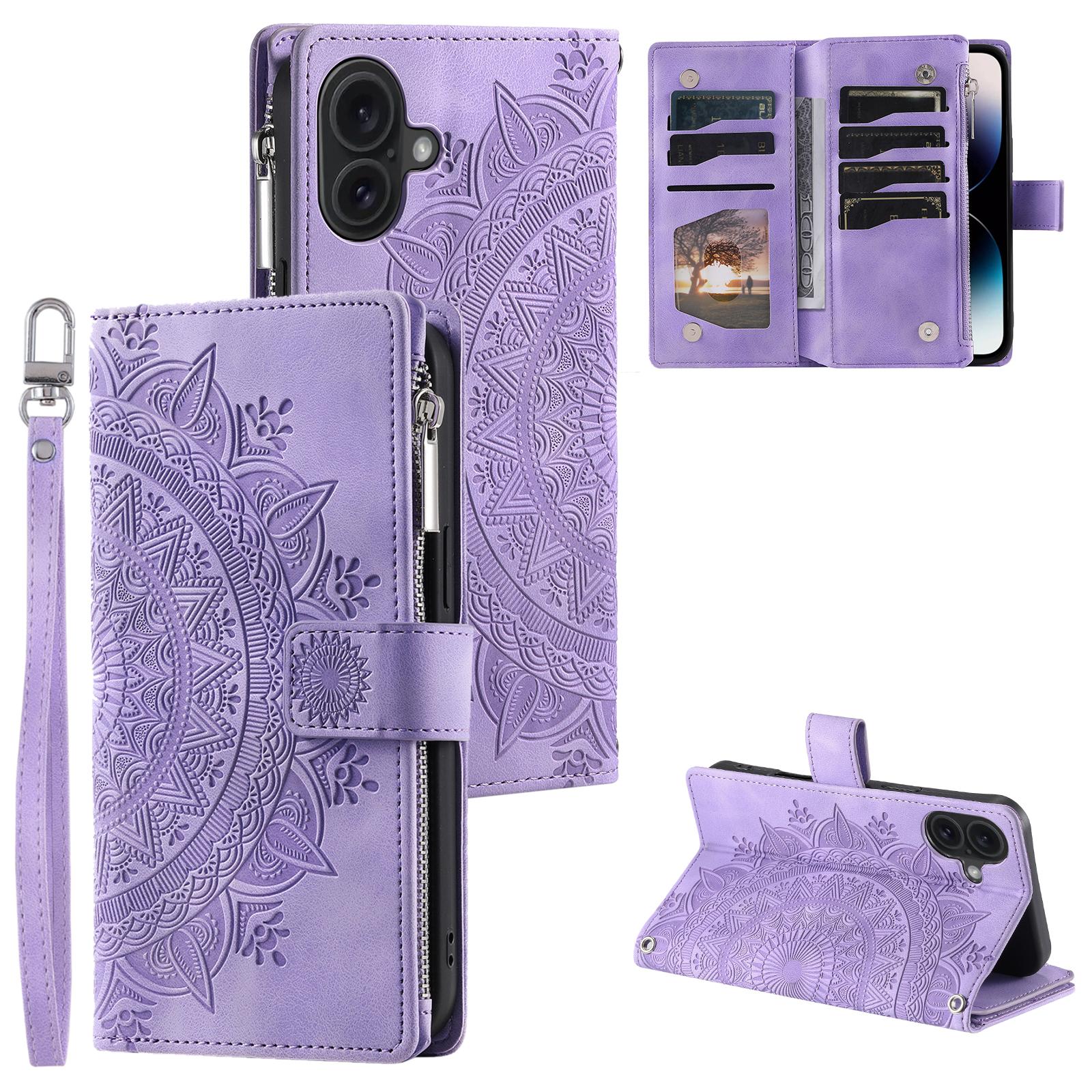 

For iPhone 17 Wallet Case Mandala Flower Pattern PU Leather Phone Cover with Wrist Strap Purple