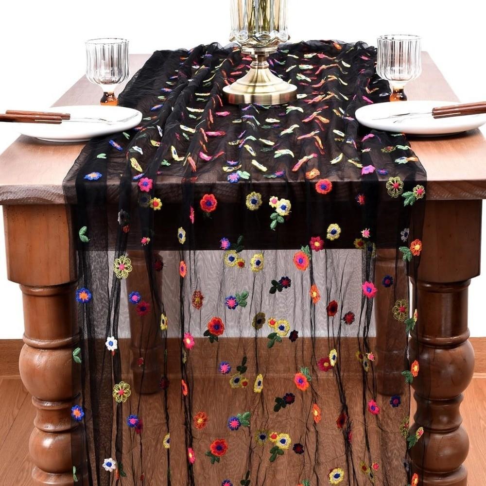 Vintage Embroidery Daisy Table Runner Semi-Transparent Boho Floral Tablecloth Elegant Long Colorful Table Cover