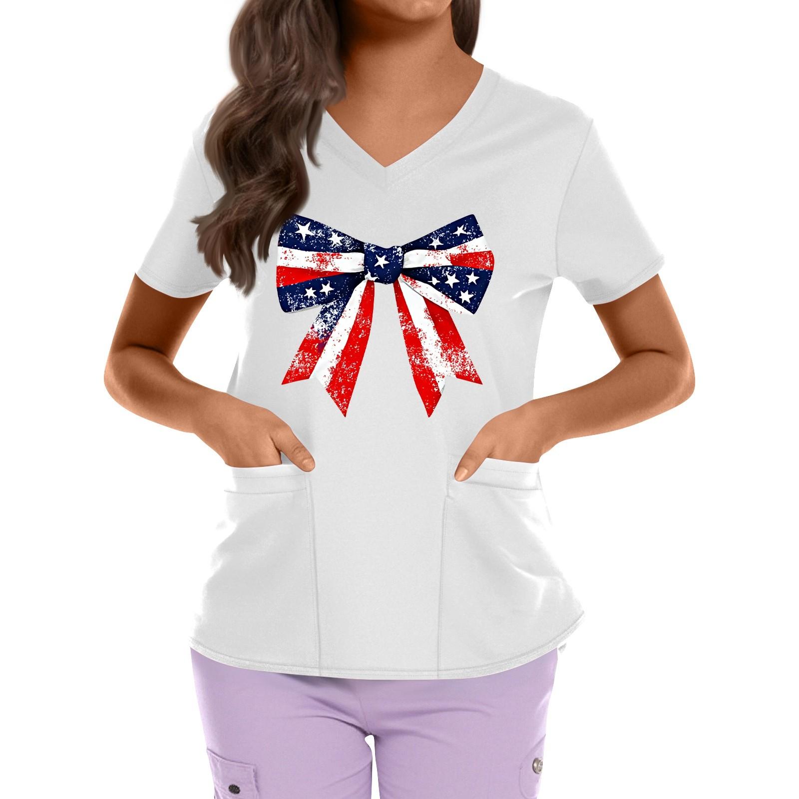 

Plus Size Printed Scrub Working Uniform Tops For Women s Cross V Neck Independence Day Print Short Sleeve Fun T-Shirts Workwear Tee With Pockets XXXXXL белый