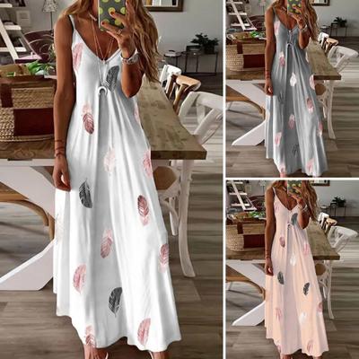 Women's Summer Suspender Dress Retro Contrast Color Feather Loose Neck Sleeveless Bohemian Style A Line Ankle Length Vacation Skirt