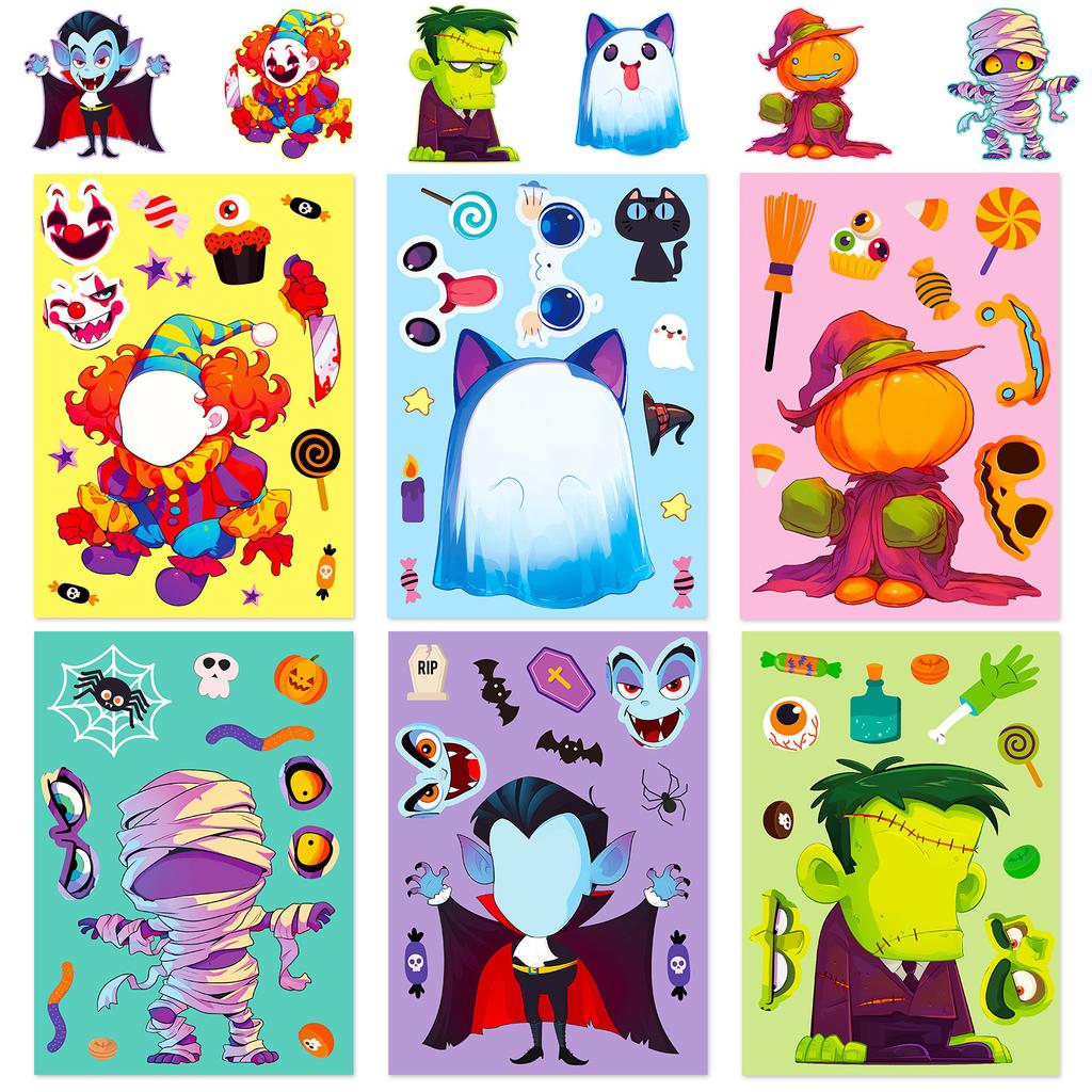 6 Photos/pack of Vampire Mummy Pumpkin Creative DIY Expression Face Swap Stickers Halloween Puzzle Stickers