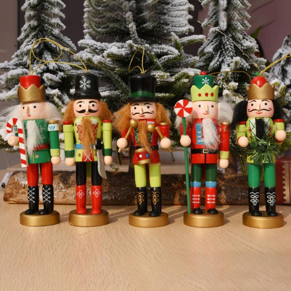 5pcs Wooden Nutcracker Ornament 13cm Soldier Figure Christmas Tree Pendant Desktop Decoration  Xmas Decor Statues Gifts