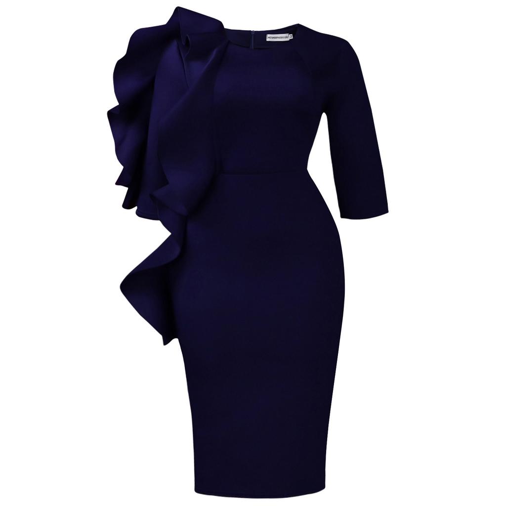 Autumn new fashion temperament slim-fit round neck seven-quarter sleeve ruffle edge dress