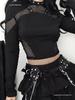 Punk Style Slim Fit Mesh Patchwork Hollow Long Sleeve T-shirt for Women