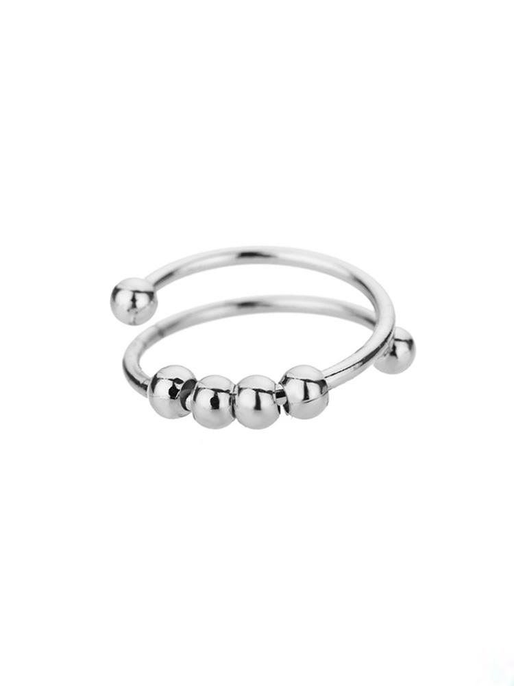 Women Silvery New Stainless Steel Double Layer Rotatable Bead Ring Fashion Adjustable Anxiety Relieving Ring