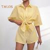 Women's Summer Two Piece Set Striped Button Down Short Sleeve Shirt Drawstring Shorts Set Casual Lounge Outfit