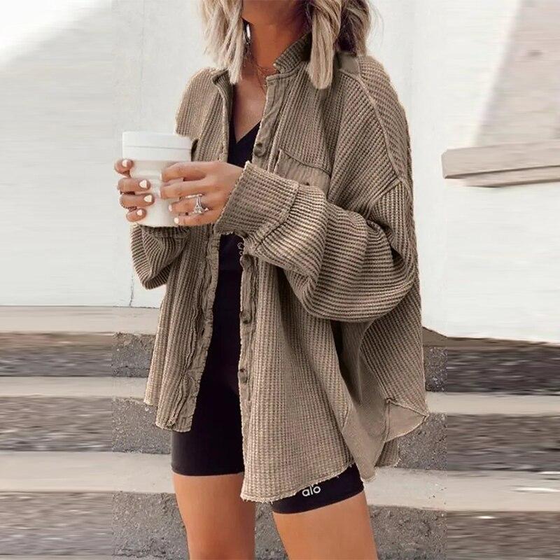 Elegant Solid Color Ribbed Tops Lady Jackets Autumn Winter Fashion Breasted Button Women Coats Casual Loose Long Sleeve Outwears