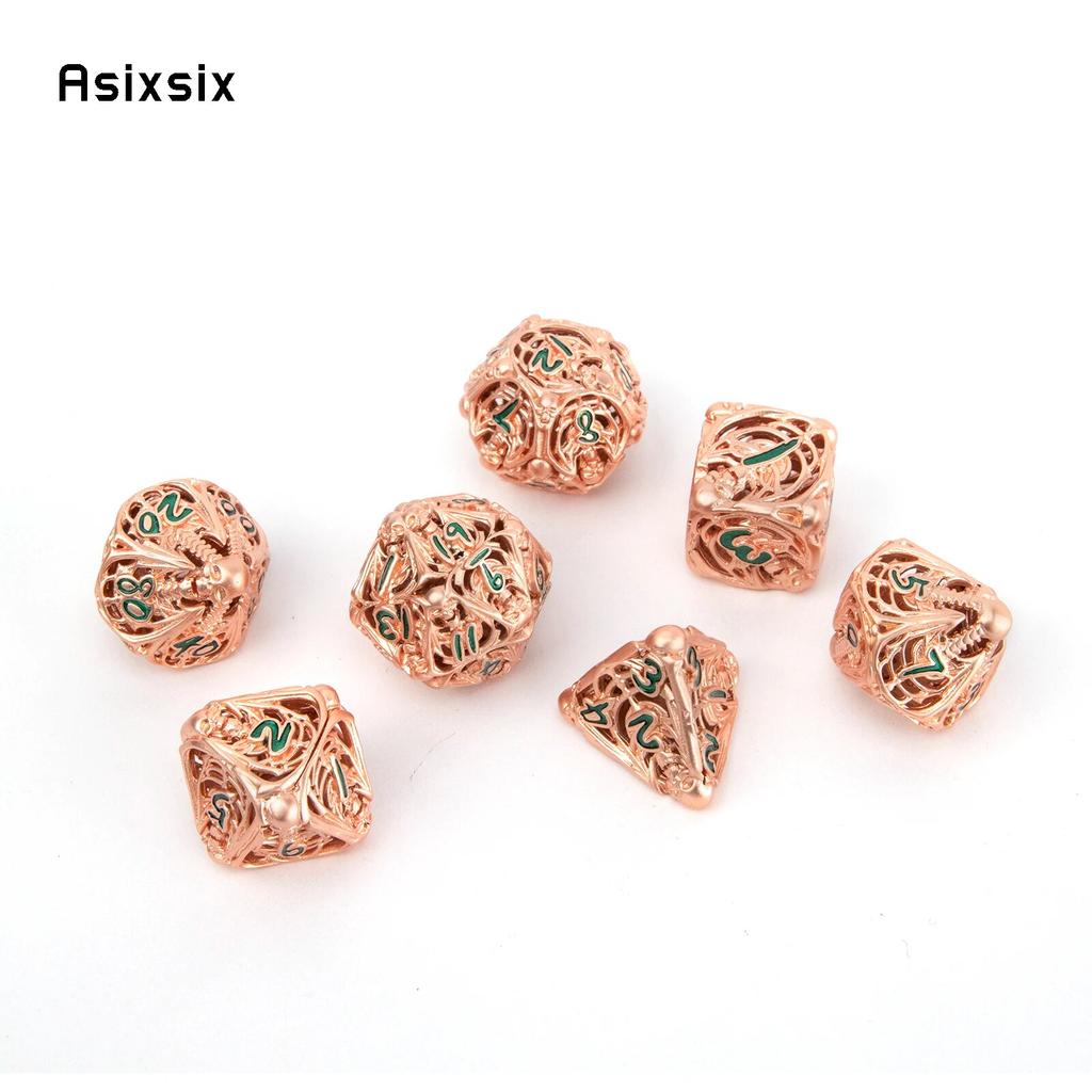 7 Pcs Golden Green Skull Metal Dice Hollow Metal Polyhedral Dice Set Suitable for Role-Playing RPG  Board Game Card Game