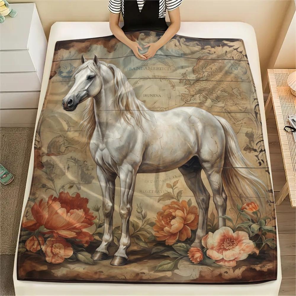 

1PC Retro Horse Floral Print Flannel Blanket, High quality All Seasons, Home Decor, Warmth and Comfort, Perfect for Christmas Gifts 80cm x 120cm