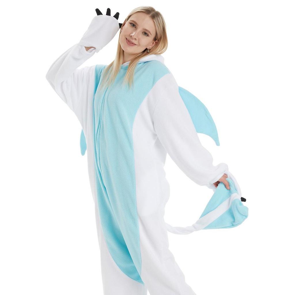 Black & White Dragon Cartoon Onesie Pajamas, Couple Style, Medium-Thick, Plus Size Homewear.