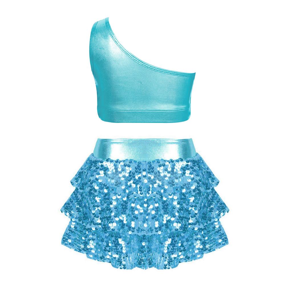 Girls Sequin Hip Hop Jazz Dance Outfit Sleeveless Modern Dance Costume Top and Shorts