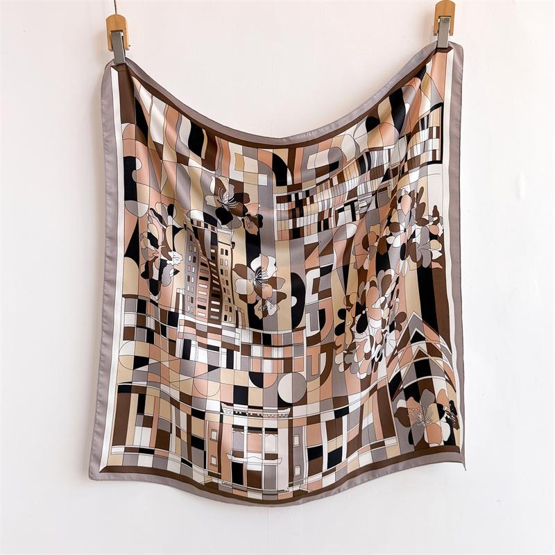 Korean version of the new geometric flower oblique silk pattern large square scarf fashion printing imitation silk dust shawl headscarf women
