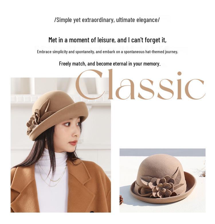 Women's Retro Wool Felt Bucket Hat - Elegant Folded Brim for Autumn/Winter