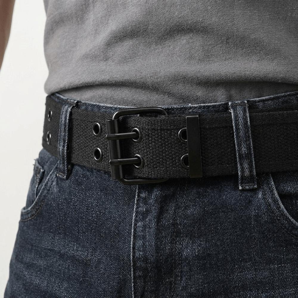 Double Row Canvas Waist Belt Metal Buckle Woven Belts Double Row Buckle Belt Leisure Wear