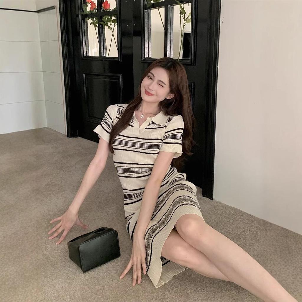 Women's Summer 2025 Striped Knitted Polo Dress - Slimming, Hip-Hugging Mid-Length Style