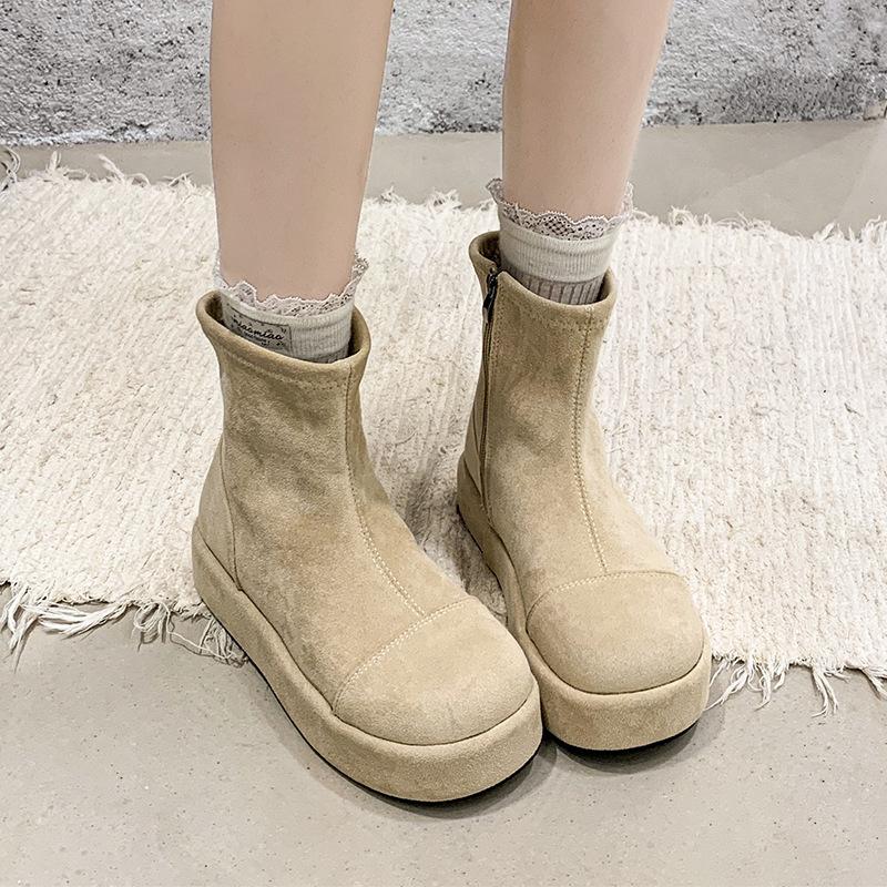 Sheepskin version! Niche design sense white thin boots small thick-soled short boots fashion casual round head elastic boots