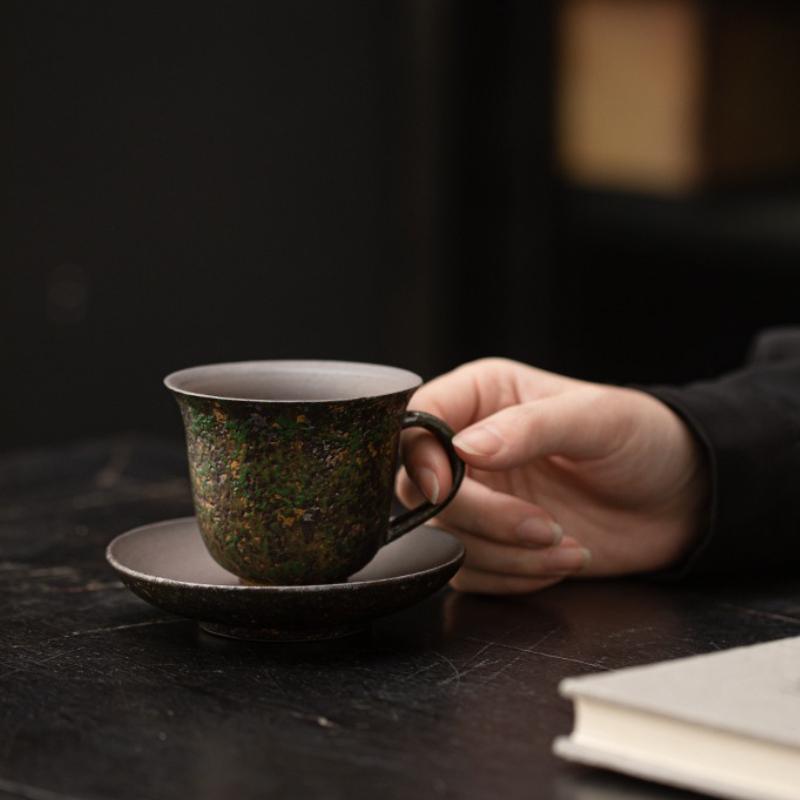 Retro kiln-changed ceramic cup coarse pottery coffee cup and saucer set creative souvenir Chinese tea cup with bottom saucer