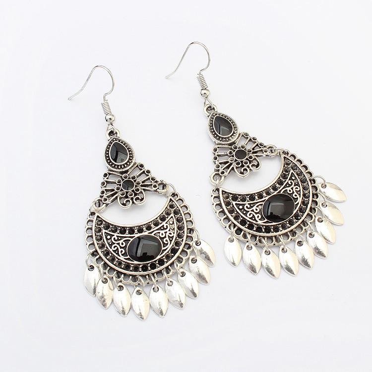 Retro High-end Ancient Silver Fashion Crescent Earrings, Ethnic Style Drop Glaze Long Fringed Earrings, Women's Ear Accessories