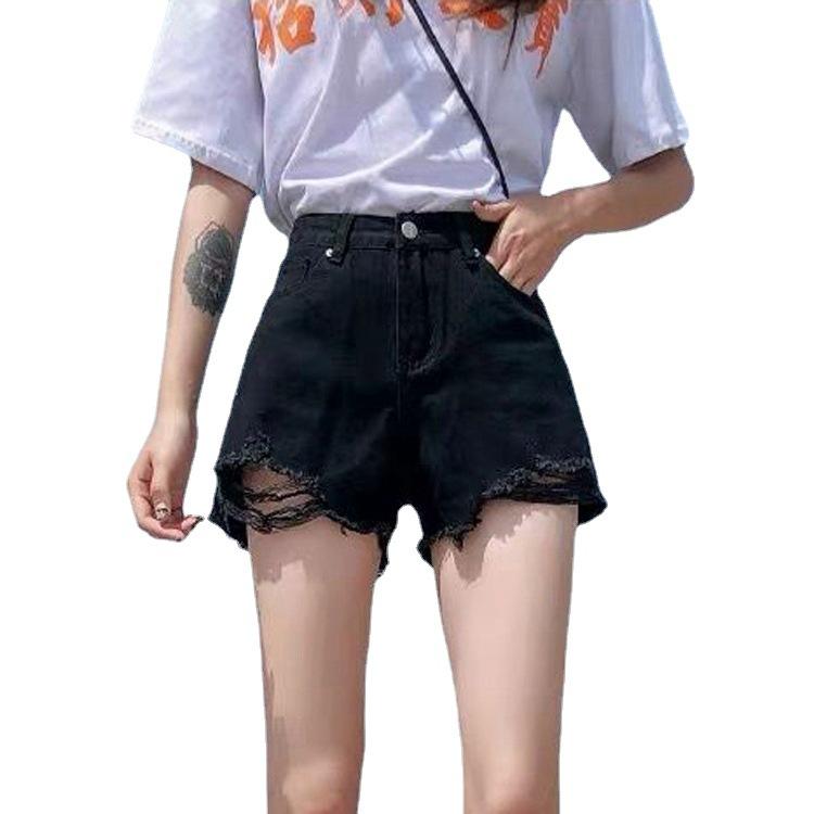 Classic and Minimalist Fashion Versatile Black Women's High-waisted Loose Summer Broken Holes Thin Burlap Wide-legged Son Denim Shorts Individuality