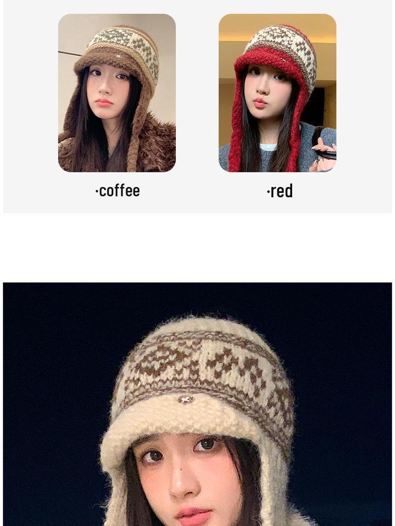 Women's Knitted Wool Lei Feng Hat with Large Brim and Ear Protection for Winter Warmth