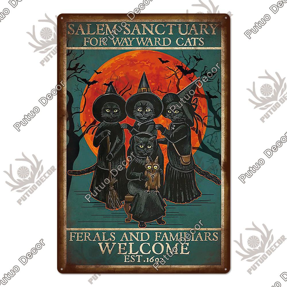 Putuo Decor Black Funny Cat Metal Sign Vintage Plaque Metal Retro Animals Tin Poster for Living Room Home Decoration Wall Decor