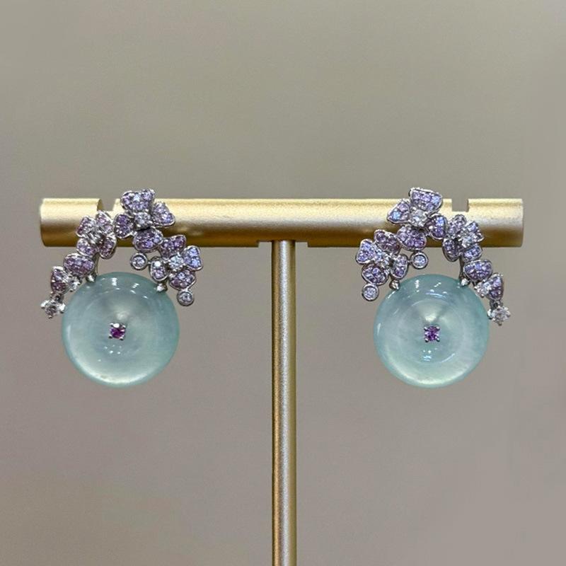 silver inlaid full diamond flowers natural ice chalcedony round green earrings for women high-end fashion party  gift