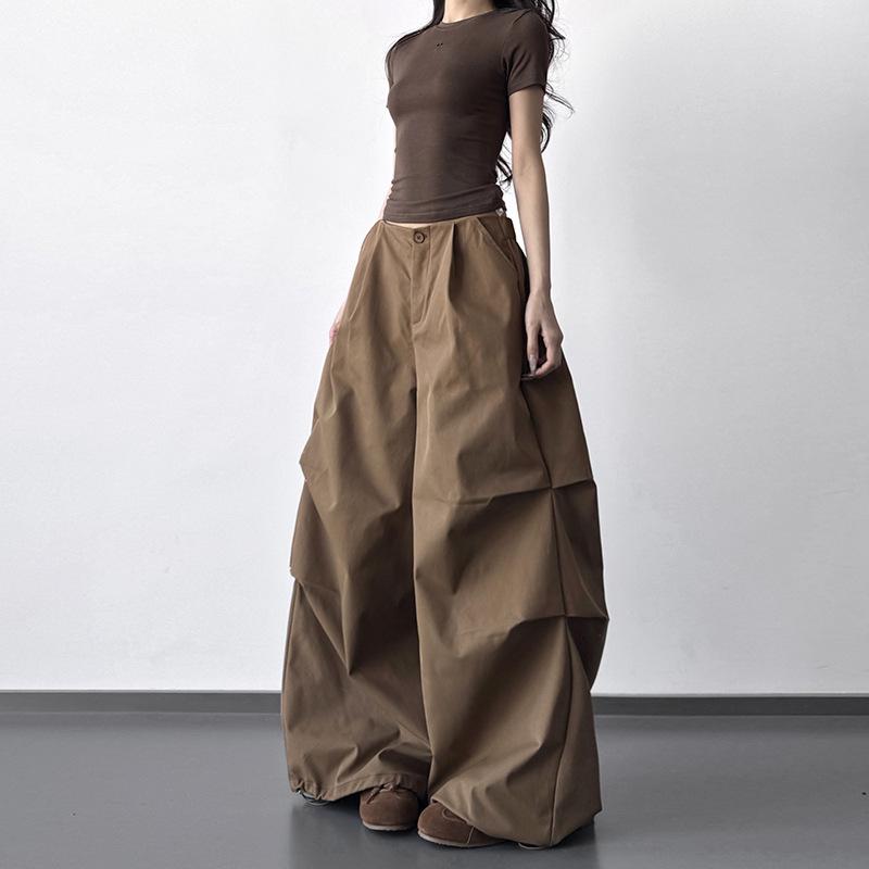 2026 Women s Gray High-Waisted Wide-Leg Parachute Pants: Slimming, Casual, Loose Fit, Straight Leg XL
