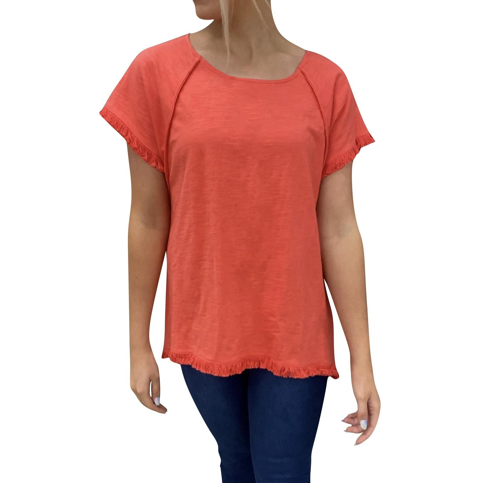 

Women s Top Solid Color Cotton Tassel Design Short Sleeved Round Neck T-shirt XL червоний
