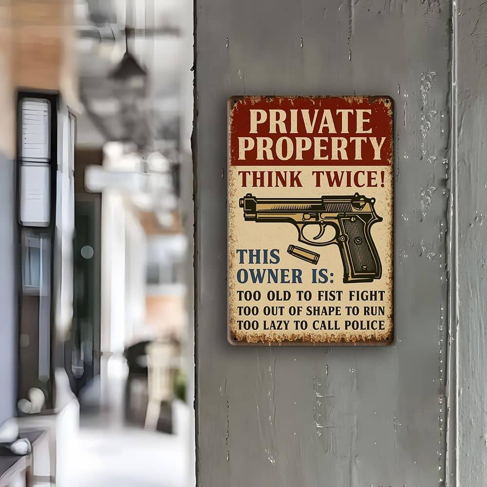 "Private Property Warning" retro metal sign, 12x8 inch.