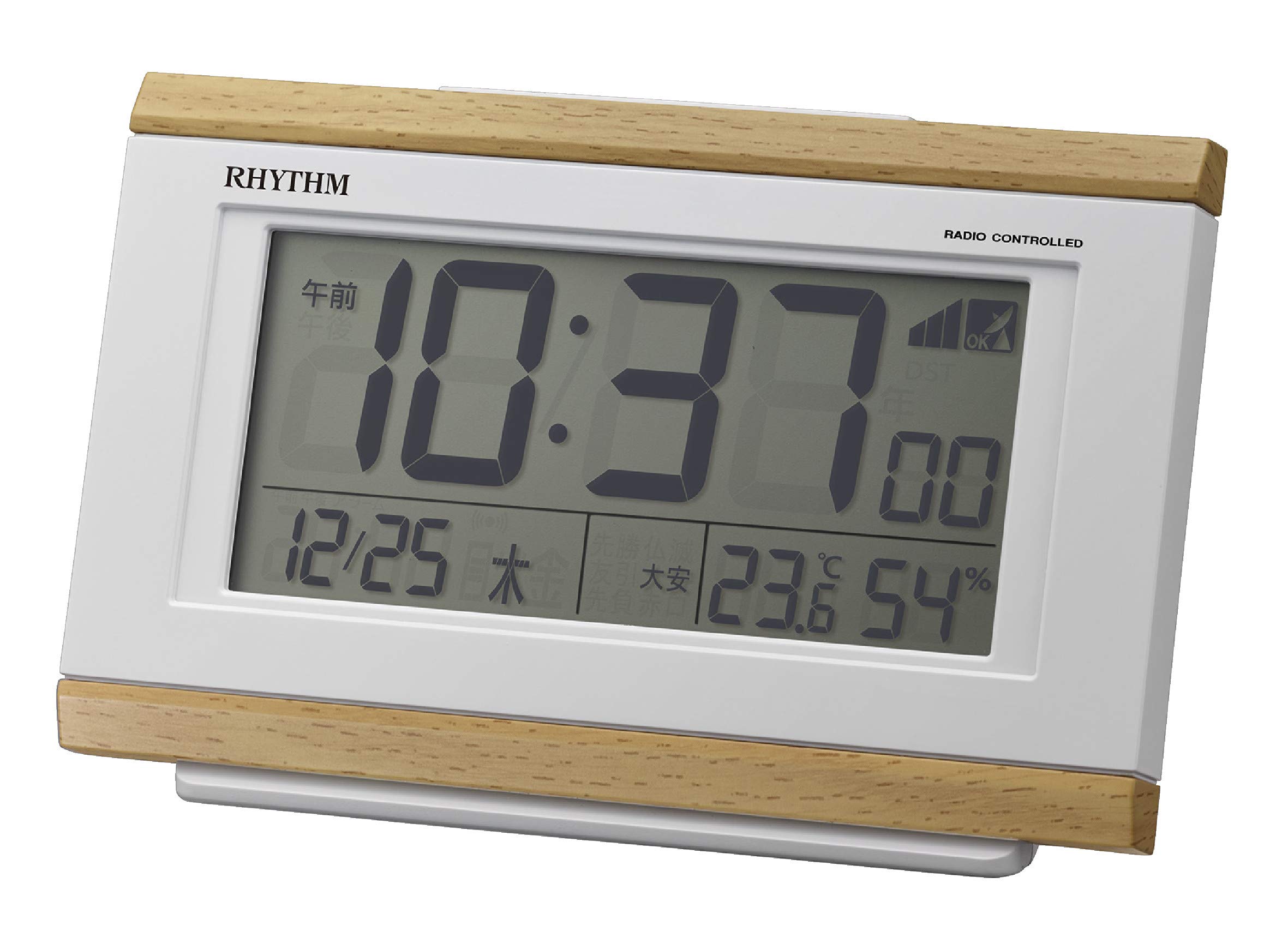 RHYTHM Alarm Clock, Radio-Controlled, Electronic Alarm, Temperature and Humidity Monitors, Calendar, Rokuyo (Six Days of the Week), with Light, Light