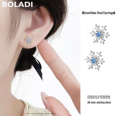 S999 Reinsilber Schneeflocke Zirkon Ohrstecker, Koreanischer Stil Weihnachten Damenmode, Exquisiter Nischenschmuck