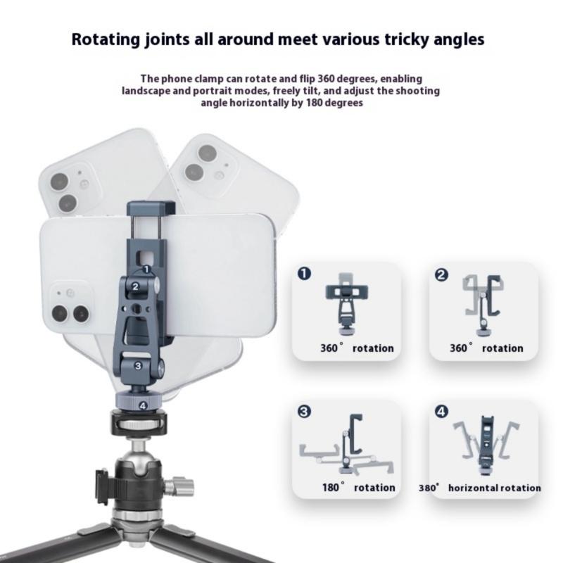 Smartphone Tripod Mount Clip Rotate Cellphone Mount Adapter for Phone Live Streaming Aluminum Phone Clip Holder