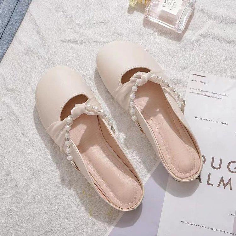 Baotou half slippers female summer 2026 new pearl fairy shoes gentle French flat muller cool slippers
