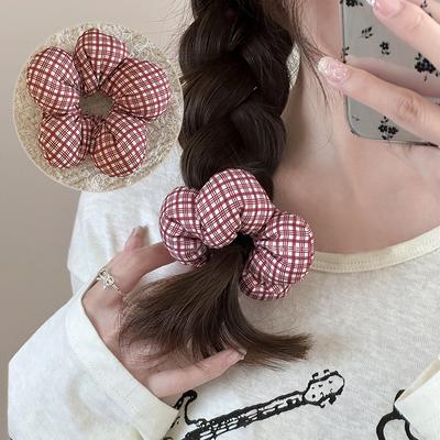 Baumwolle im koreanischen Stil Niedliches kleines Blumen-Scrunchie für Damen Liebes-Schleife Karomuster Haarband Elastisches Haarband Haarschmuck