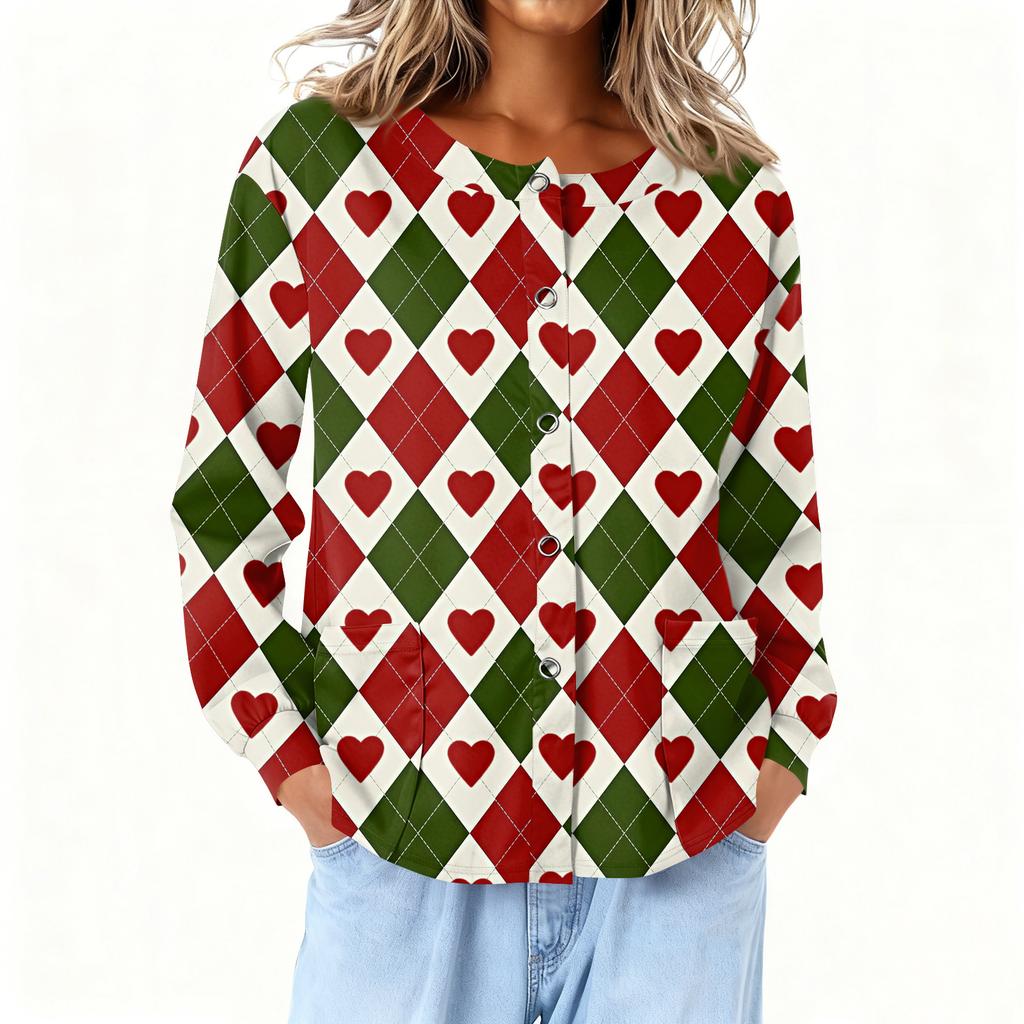 Women Long Sleeve Printed Pocket Working Stand Collar Single-breasted Protective Overalls Cardigan Jacket Top