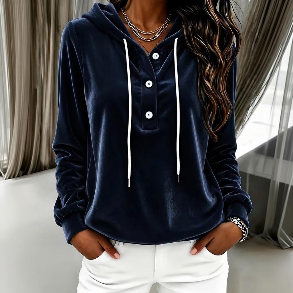 Women's Color Hooded Long Sleeve Top with Button Front and Drawstring