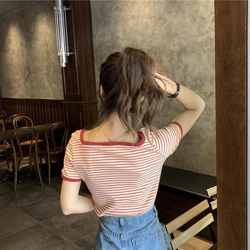 Summer New Striped T-shirt Women's Ice Silk Sweater All-match Bottoming Shirt Square Neck Short-sleeved Inner Short Bm Top
