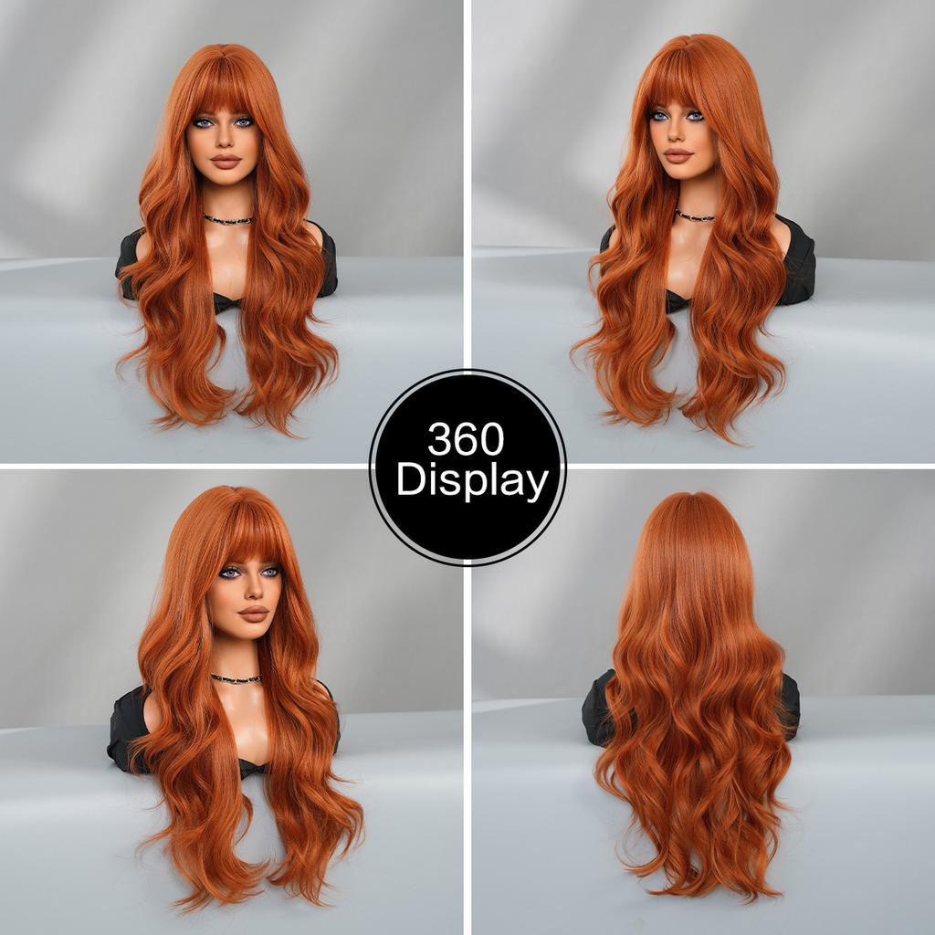 New Ladies Wig Simulation Wig 70cm Hair Orange Wig Long Curly Wig Full Headgear Rose Hair Net Headdress Beauty Decoration Wig