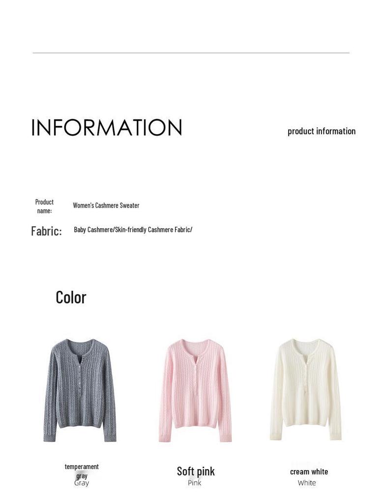 Elegant V-Neck Women's Cashmere Sweater - Cable Knit, Slim Fit, Button-Down, 2026 Autumn/Winter Collection.