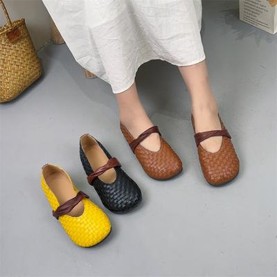 Retro Handmade Genuine Leather Weaving Shallow Round Toe Flat Soft Sole Women's Slip-on Shoes