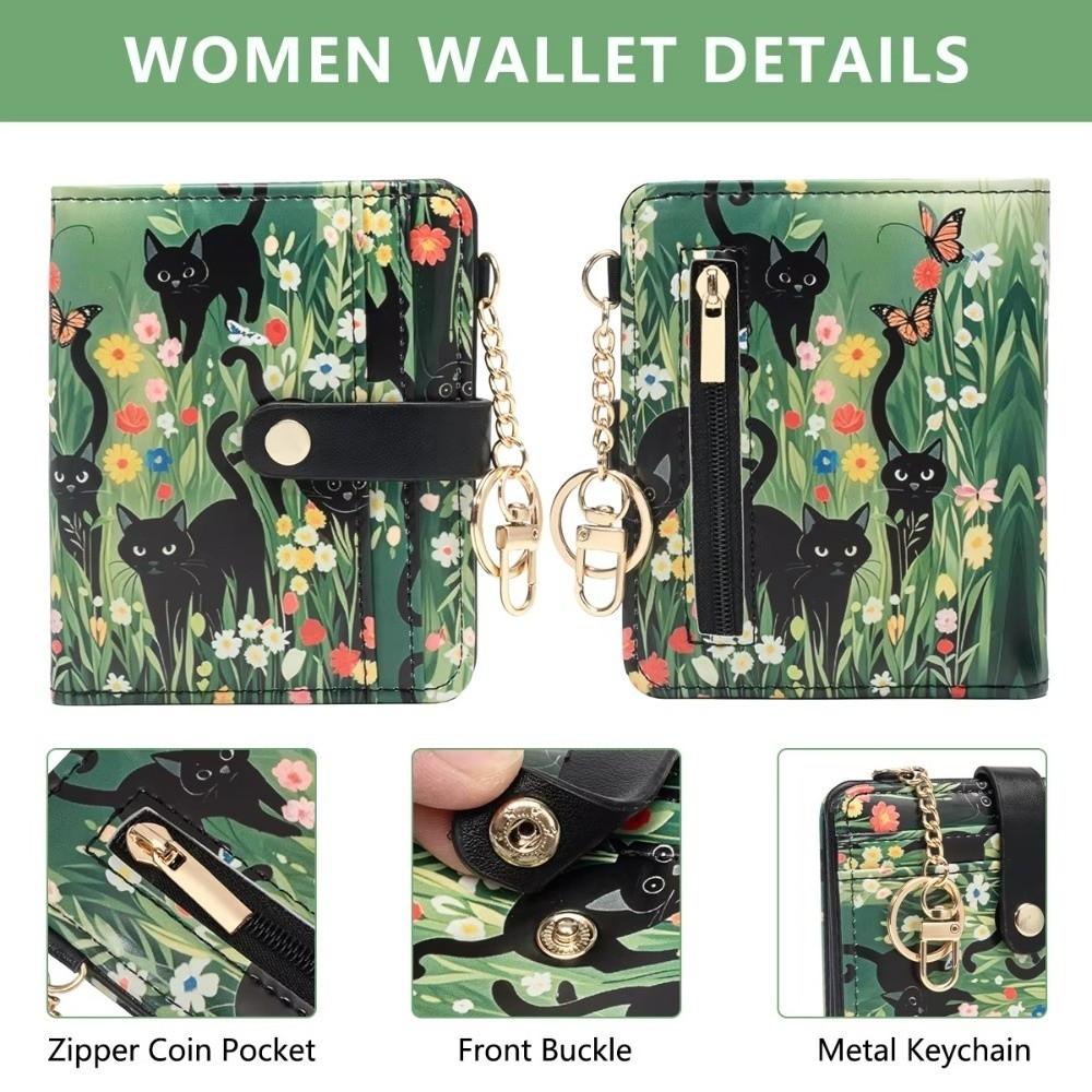 Cute RFID Card Holder PU Leather Ultra-Thin Coin Bag Compact Black Cat Floral Women Wallet Daily Use
