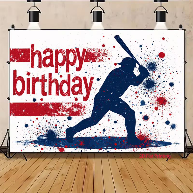 2D Sport Baseball Themed Happy Birthday Photo Booth Backdrop Cloth for Boys