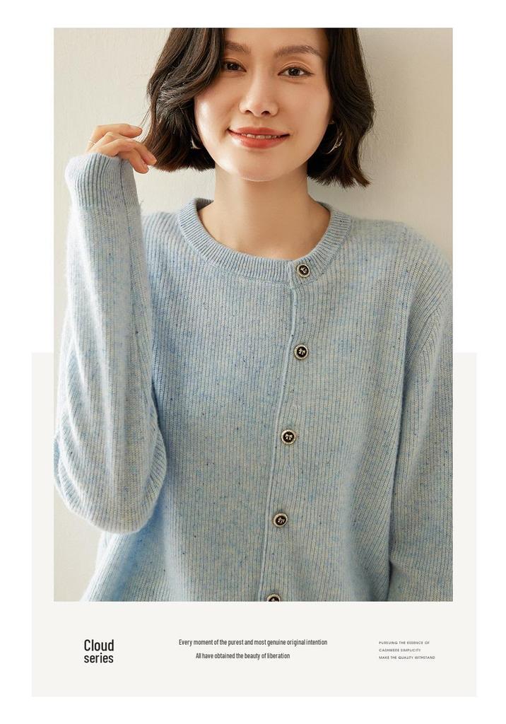 2025 Autumn/Winter Women's Thickened Cashmere Cardigan - Round Neck, Speckled Yarn, Slanted Buttons, Long Sleeve Wool Knit Sweater Coat