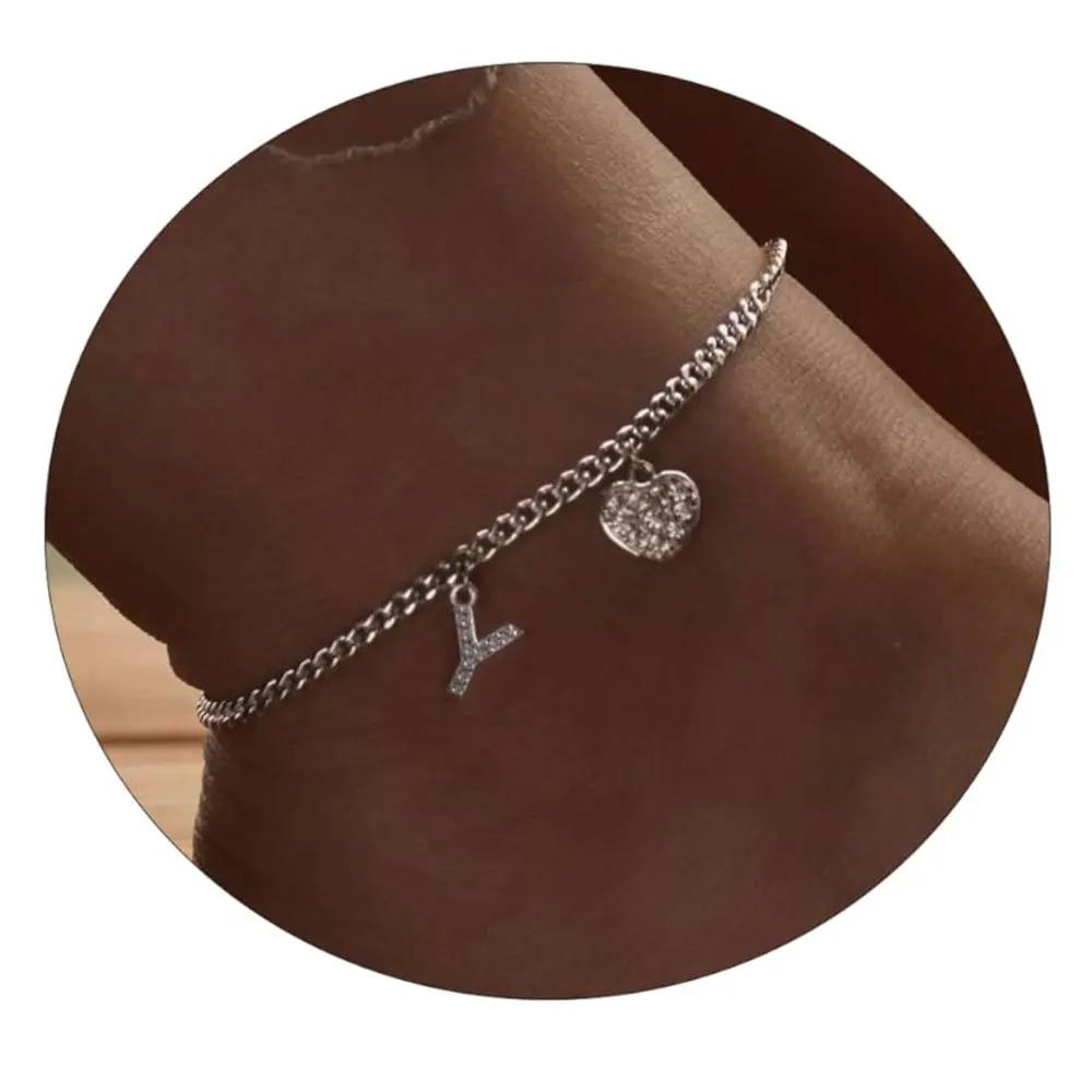 26 Initial Stainless Steel Anklet For Women Crystal Letter Heart Color Chain Ankle Bracelet Summer Jewelry Accessories