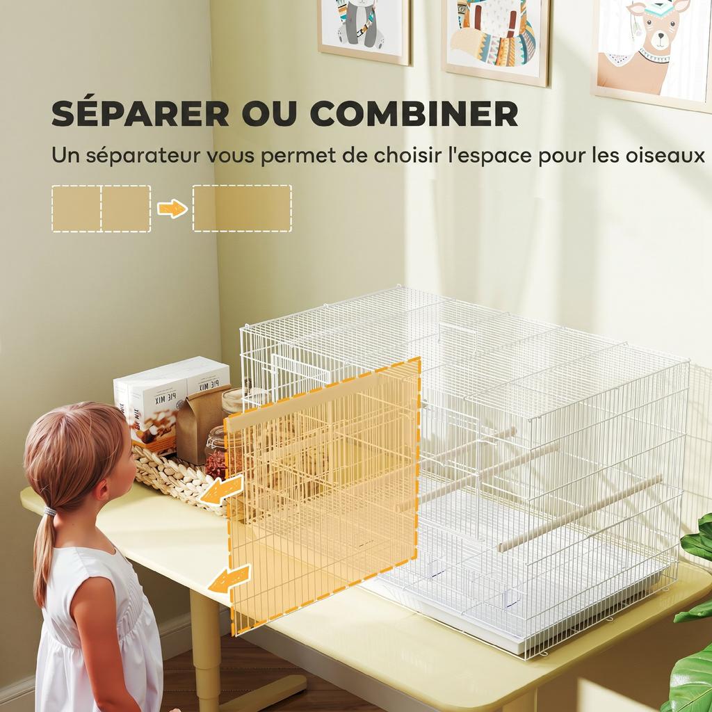 Birdcage Aviary, Steel Indoor, Divider, 4 Perches, Sliding Tray, 4 Feeders, 76 x 46 x 46 cm, White