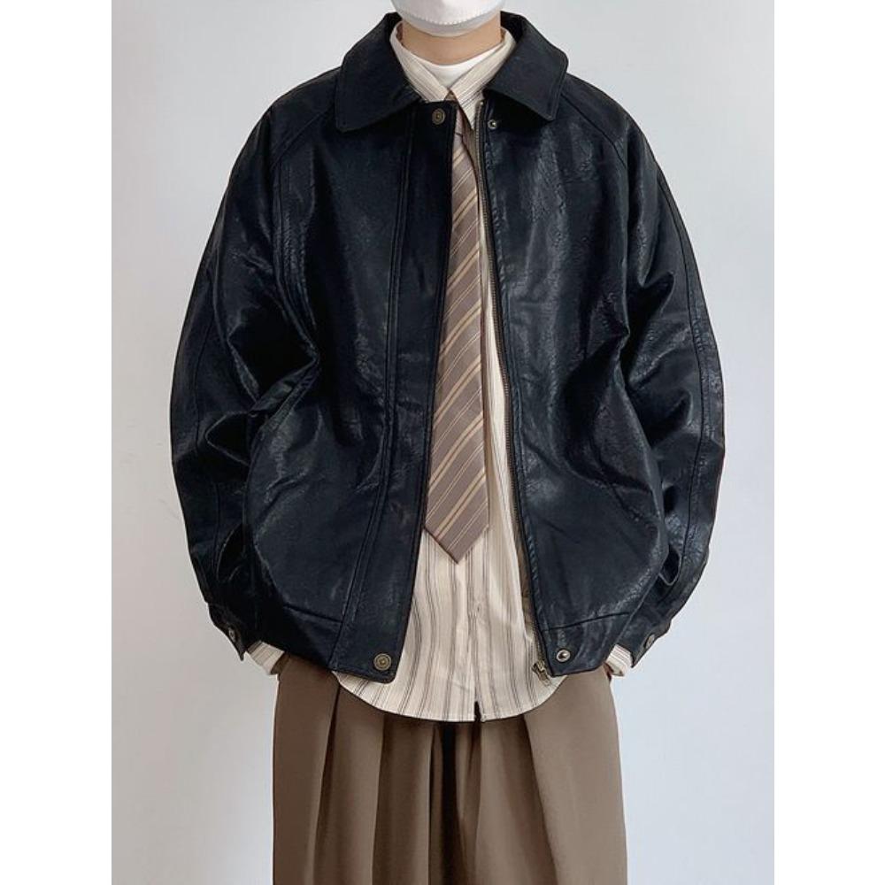 

Spring and autumn retro Korean temperament pu leather jacket men s lapel casual loose heavy do old couple jacket tide XXXL