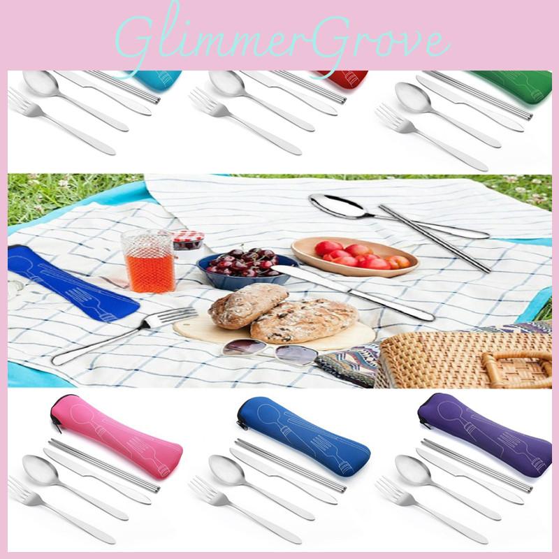 Elegantní nerezová sada příborů na cestování a kempování s barevnými variantami (nůž, vidlička, lžíce, hůlky)